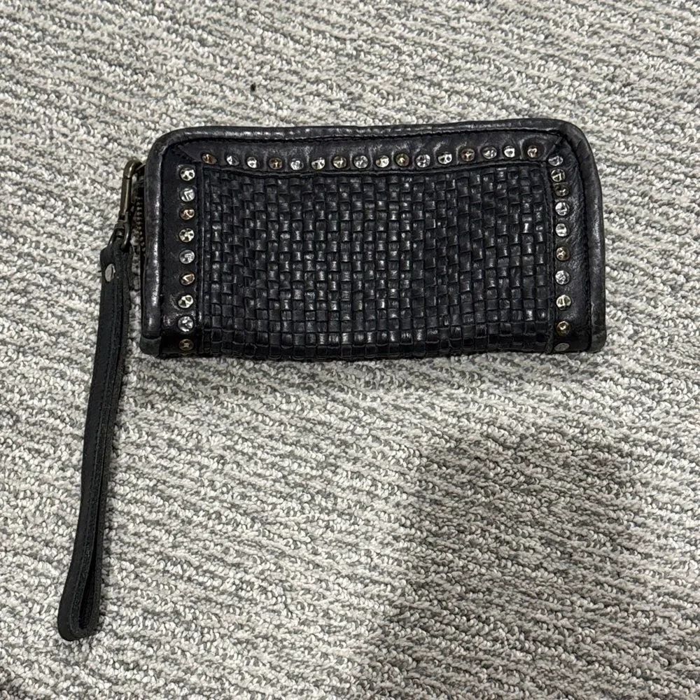 Black Woven Leather Wristlet with Studded Trim